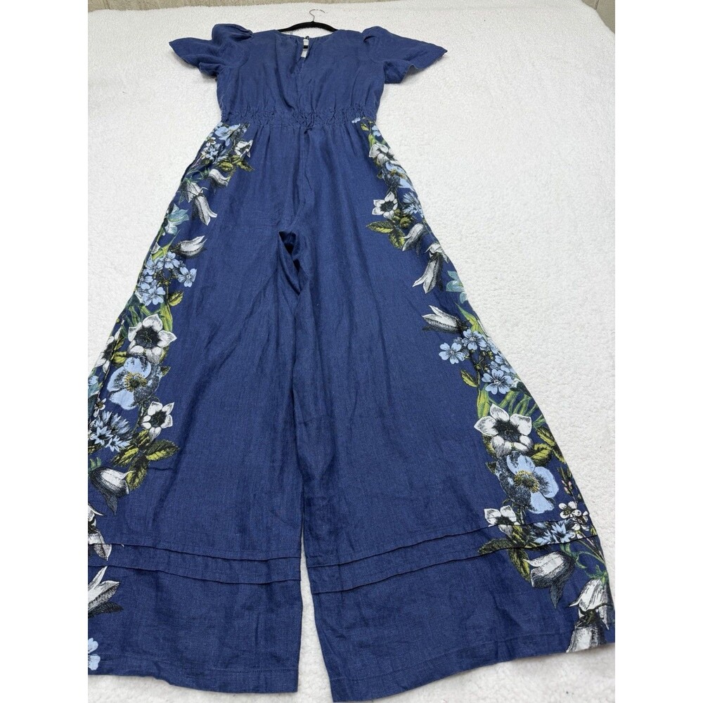 Anthropologie Jumpsuit Somerset Linen Blue Floral Retro Boho Preppy Medium NWT - Picture 10 of 14
